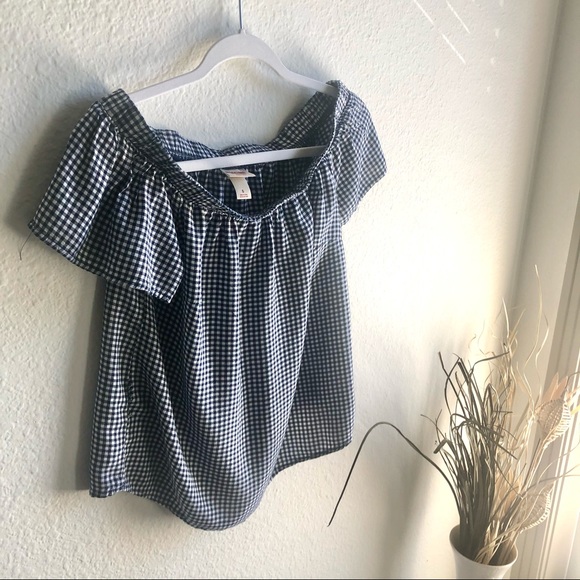 *SOLD* Gingham blue off shoulder cap sleeve top - Picture 5 of 9